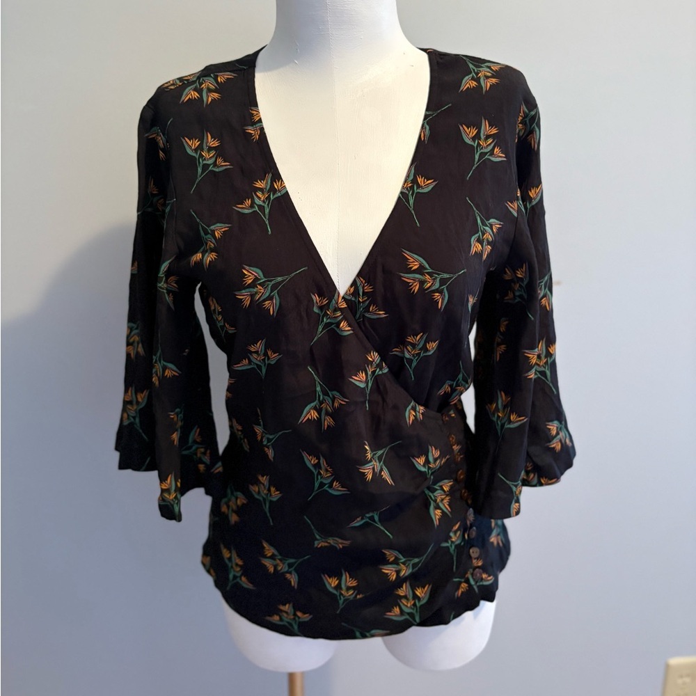 ba&sh XS 0 Ferdy Blouse Black Orange Floral 3/4 Sleeve Flared Button Up V-Neck
